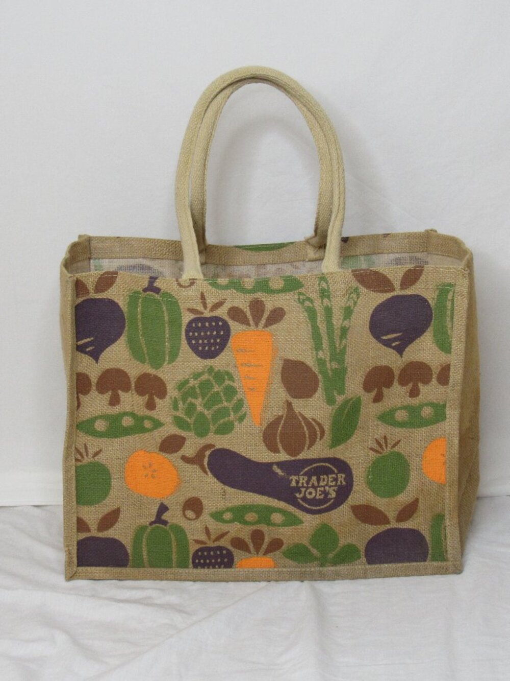 Trader Joe's Jute Vegetable Print  Shopping Tote Bag Reusable